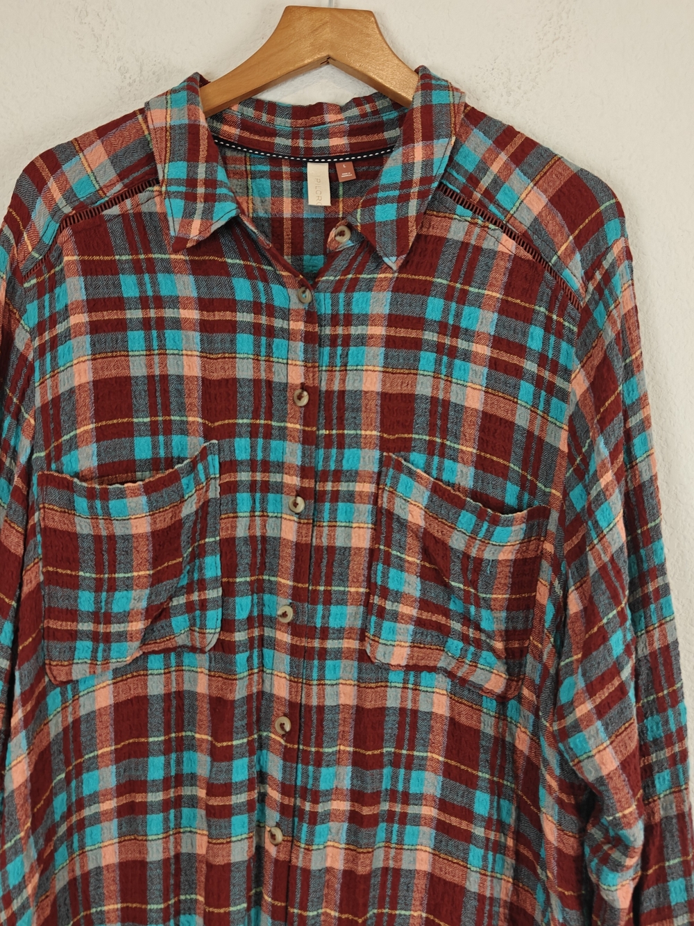 Pilcro Long Plaid Button-Down Shirt Dress in Burgundy and Teal - Picture 9 of 16